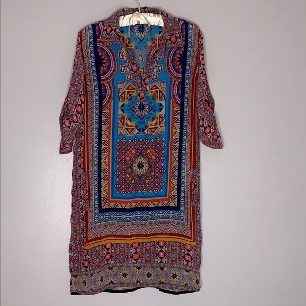 Tolani Silk Mandala Tunic Dress relaxed small women’s knee length long sleeve